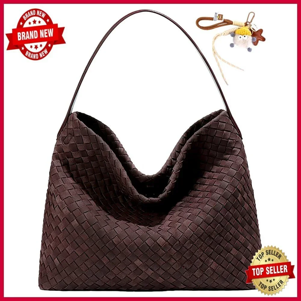 Suede Hobo Bag with Silk Scarf, Woven Shoulder Crossbody Purse